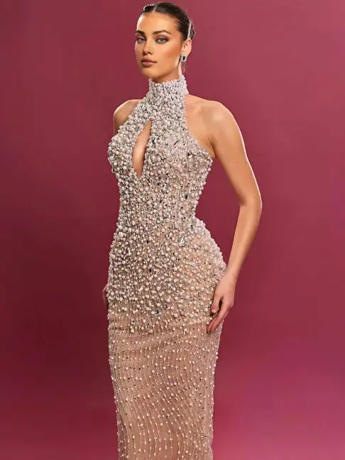 Halter Pearl Sequin Maxi Dress Light Brown