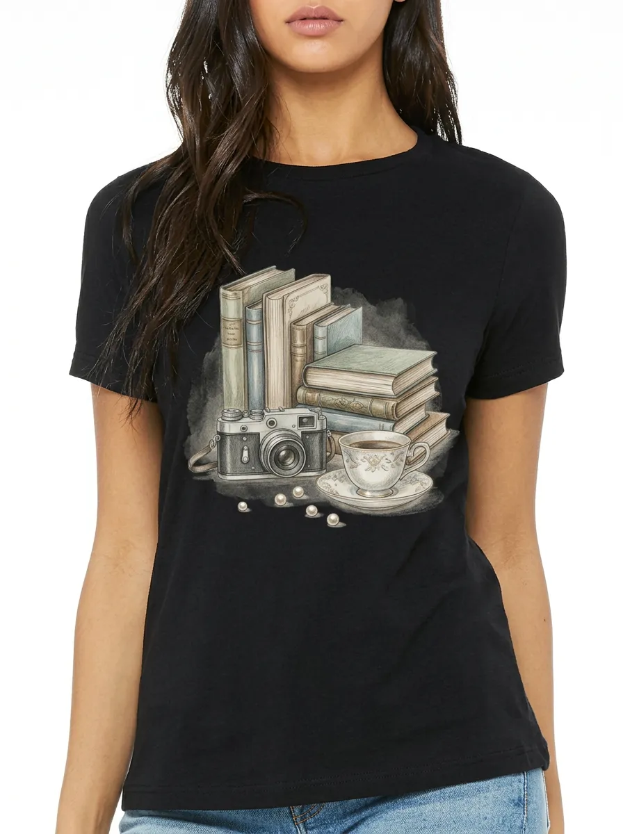 Women's Book Lover Vintage Camera Coffee Printed T-shirt