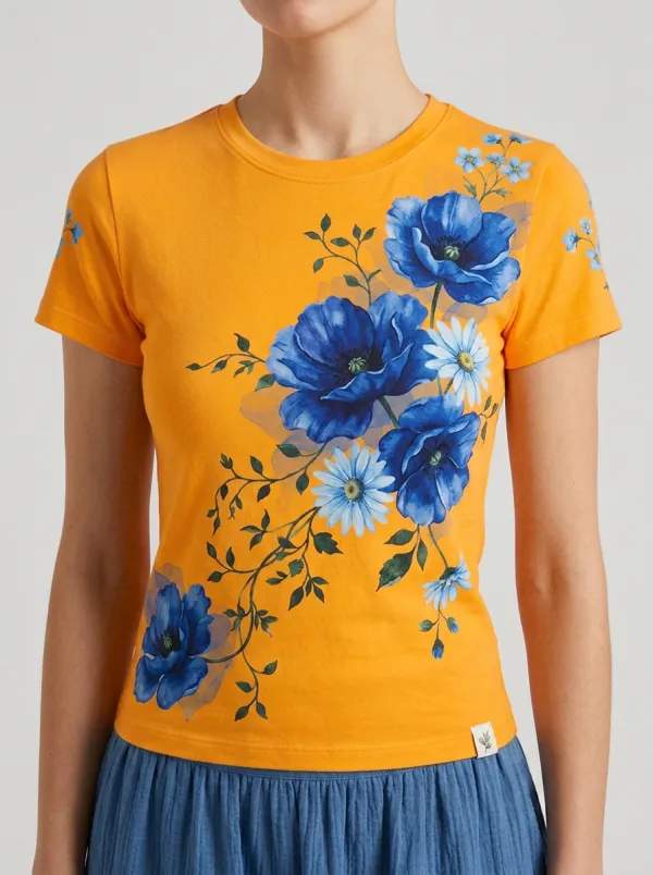 Women's Floral Lover Blue Poppy Watercolor Printed T-shirt