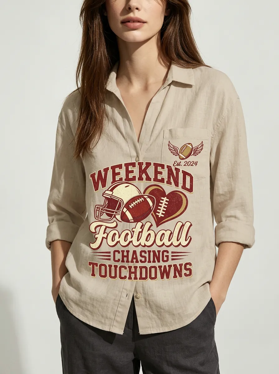 Women's Weekend Football Heart Helmet Printed Button-down Shirt