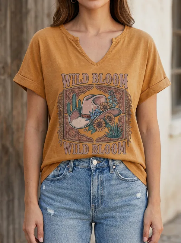 Cactus Cowboy Floral Western V-Neck T-Shirt