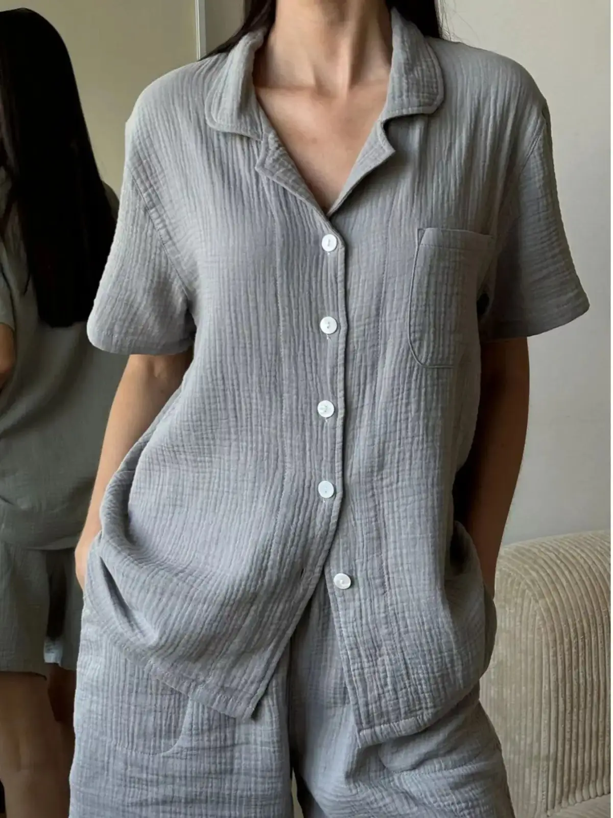 Pocketed Cotton Shirt and Shorts Matching Set