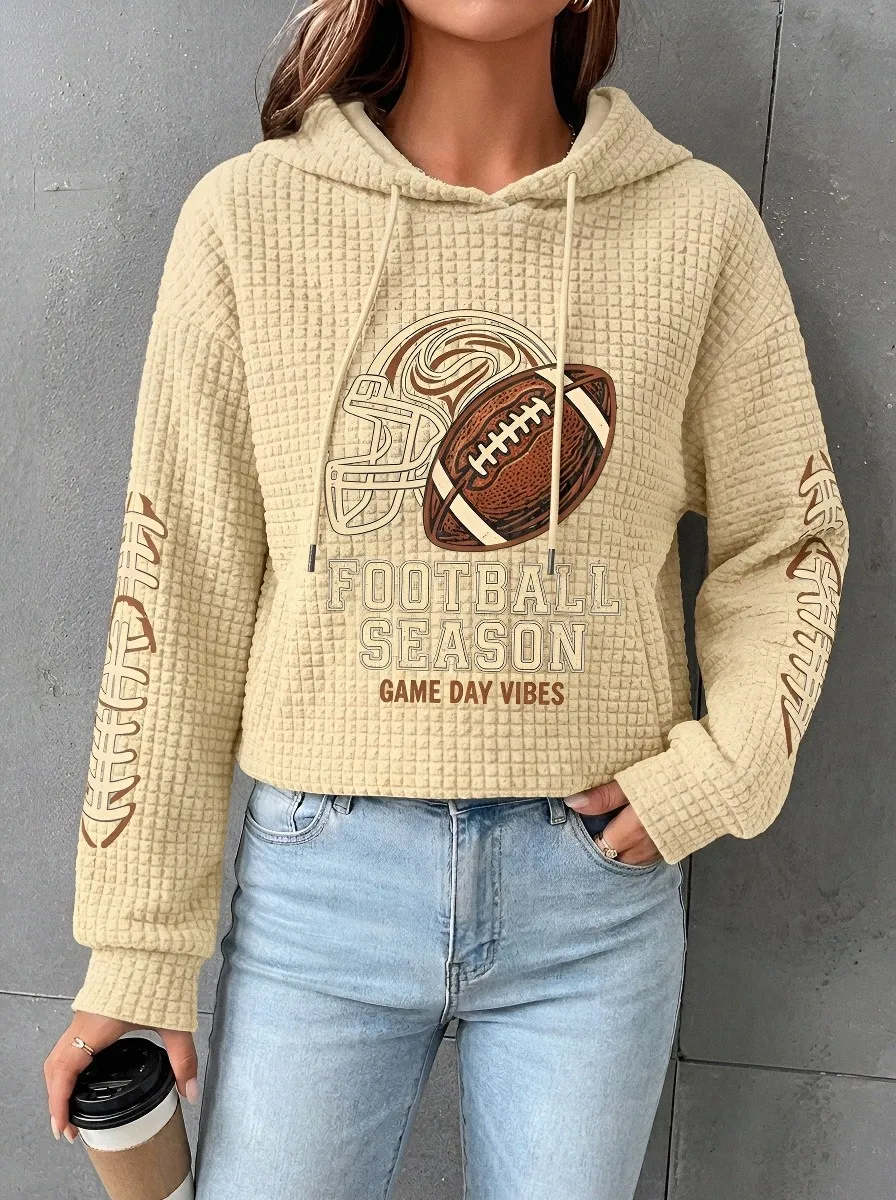 Women's Football Season Helmet Ball Printed Waffle Knit Hoodie