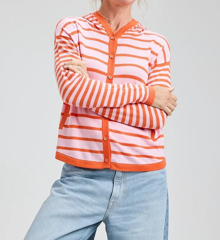 Cotton Striped Hooded Button-Front Hoodie