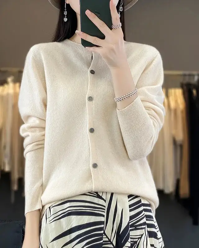 Merino-Wool Wool Round-Neck Cardigan