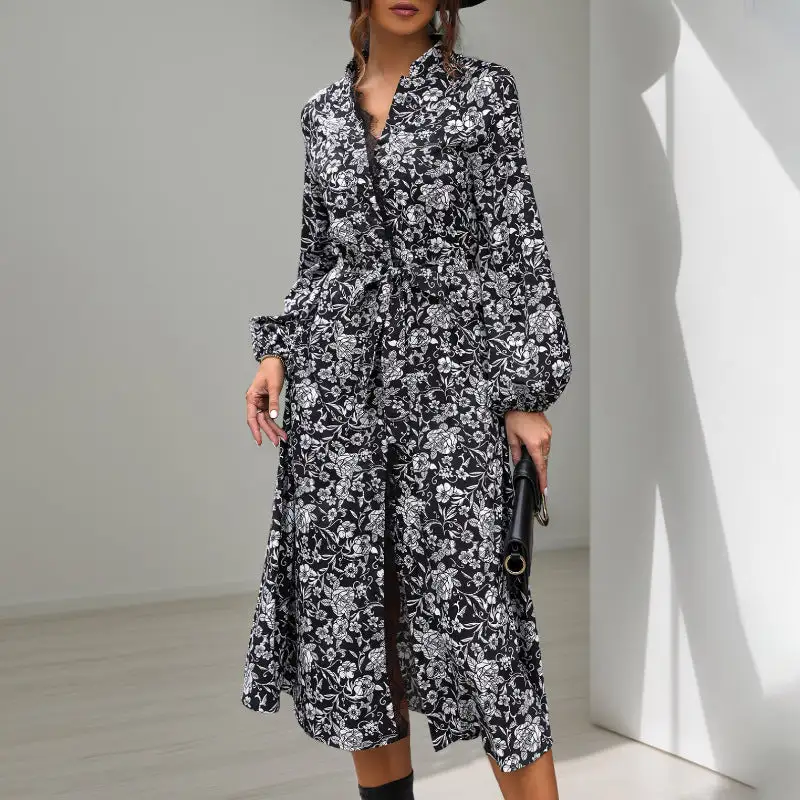 Women's Shirt Floral Belted Dress
