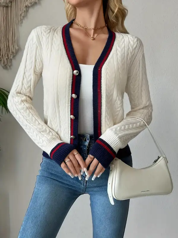 Contrast Trim Cable Knit Cardigan
