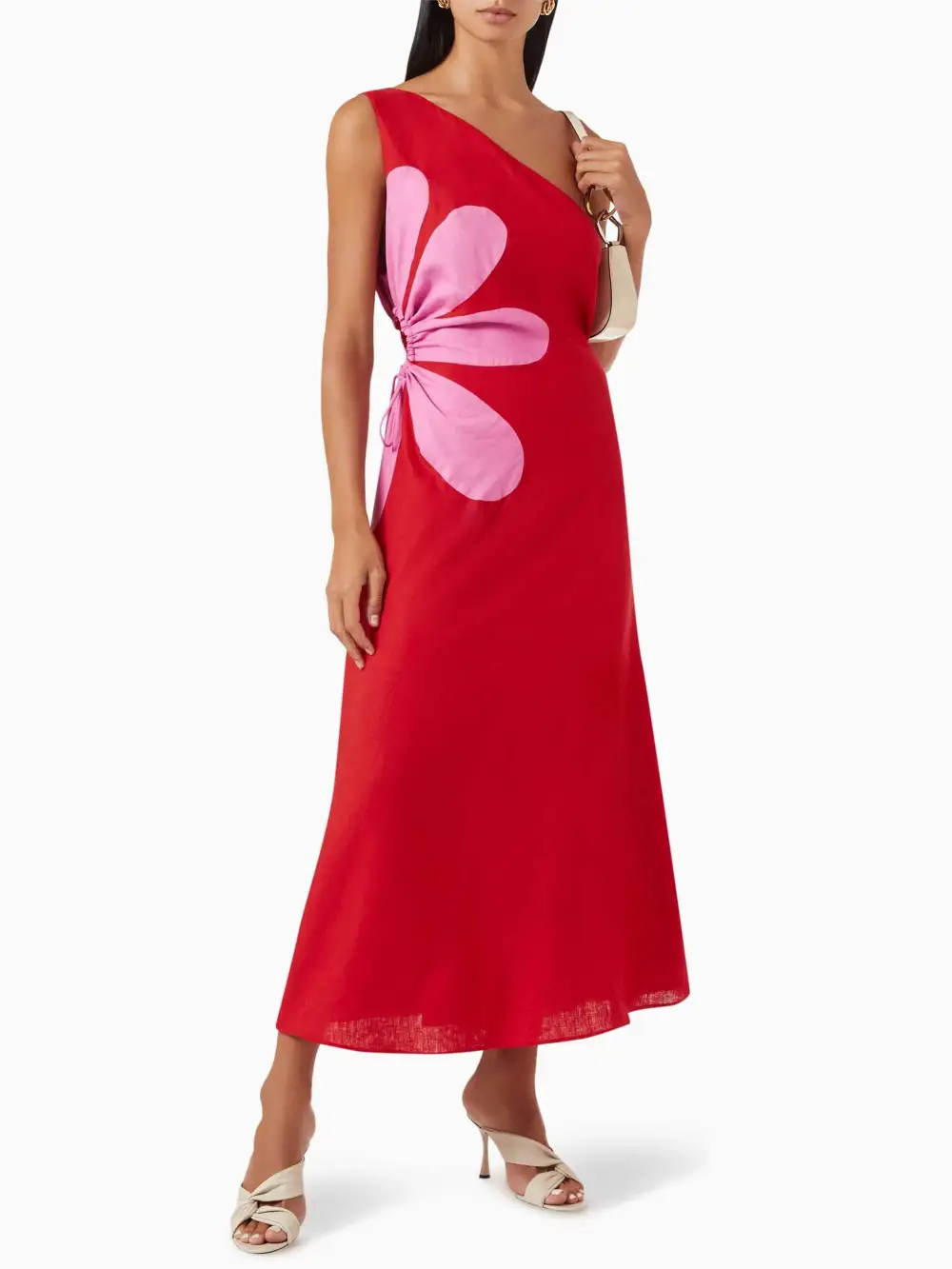 Positioned Floral Print Off Shoulder Midi Dress