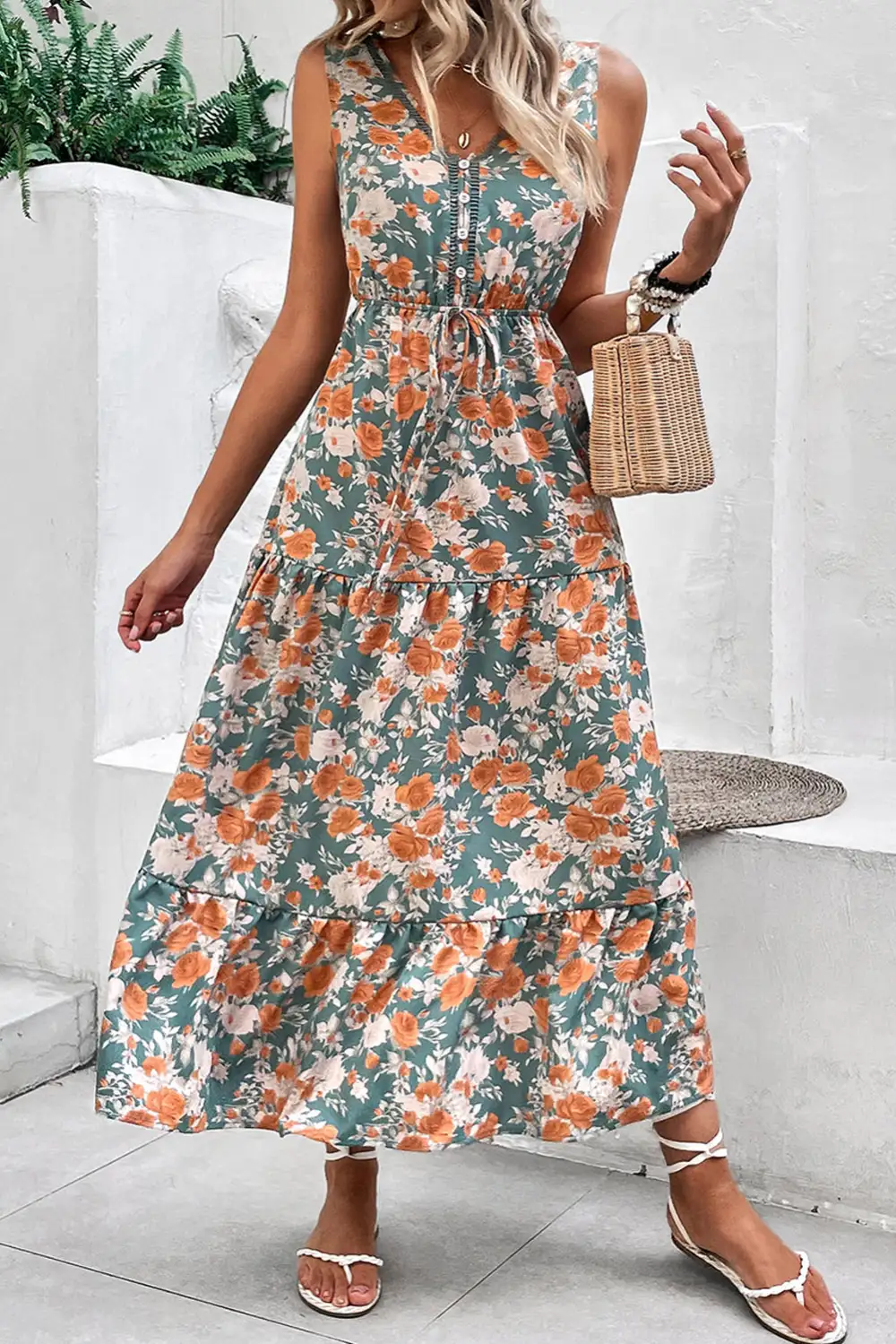 Maxi Floral Print Trimmed V Neck Tie Waist Sleeveless