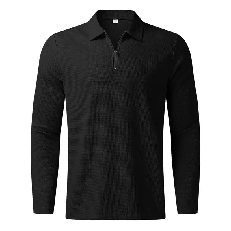 Waffle Texture Spread Collar Long Sleeve Polo Shirt