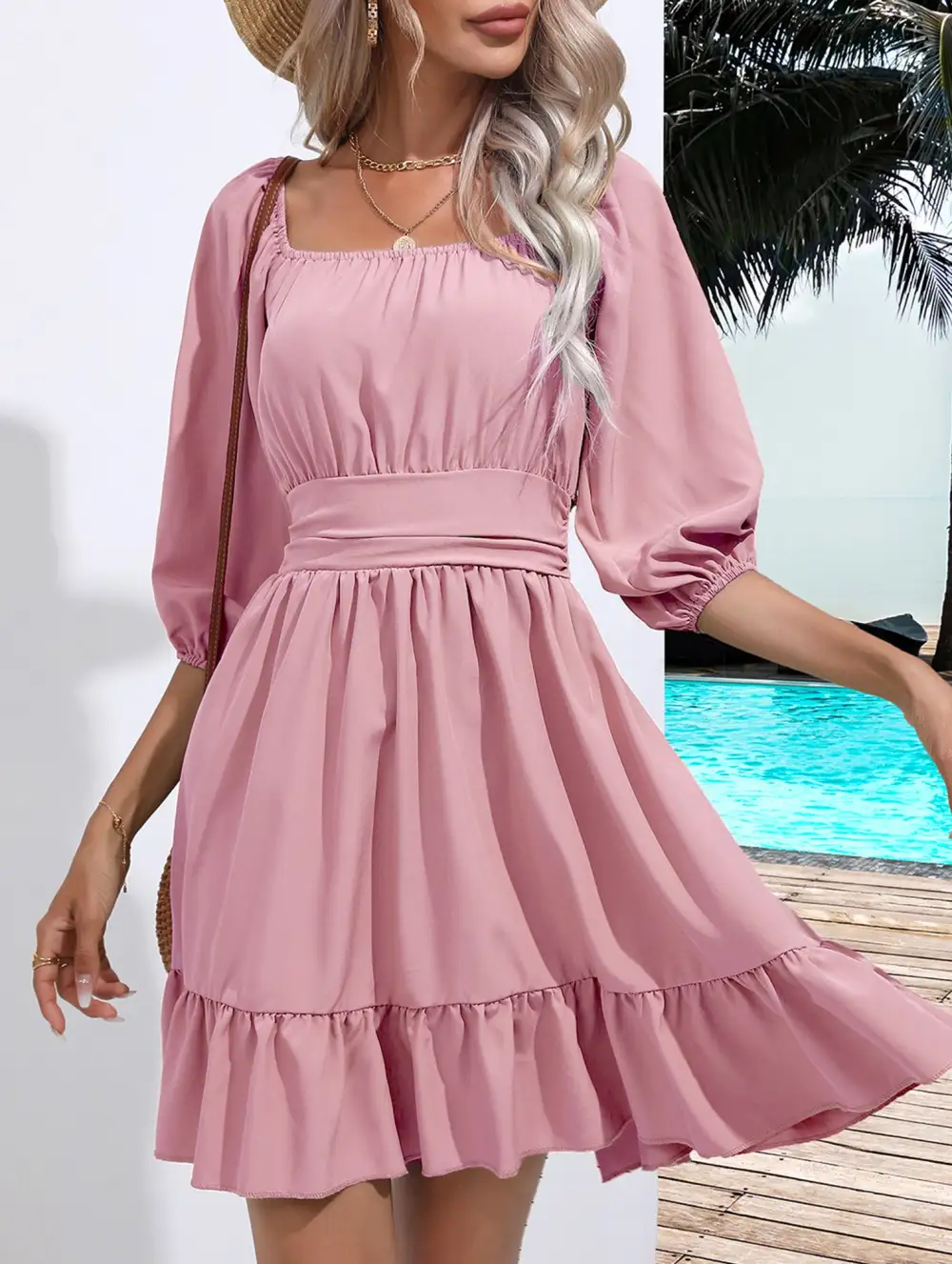 Square Neckline Ruffled Tie Up Mini Dress