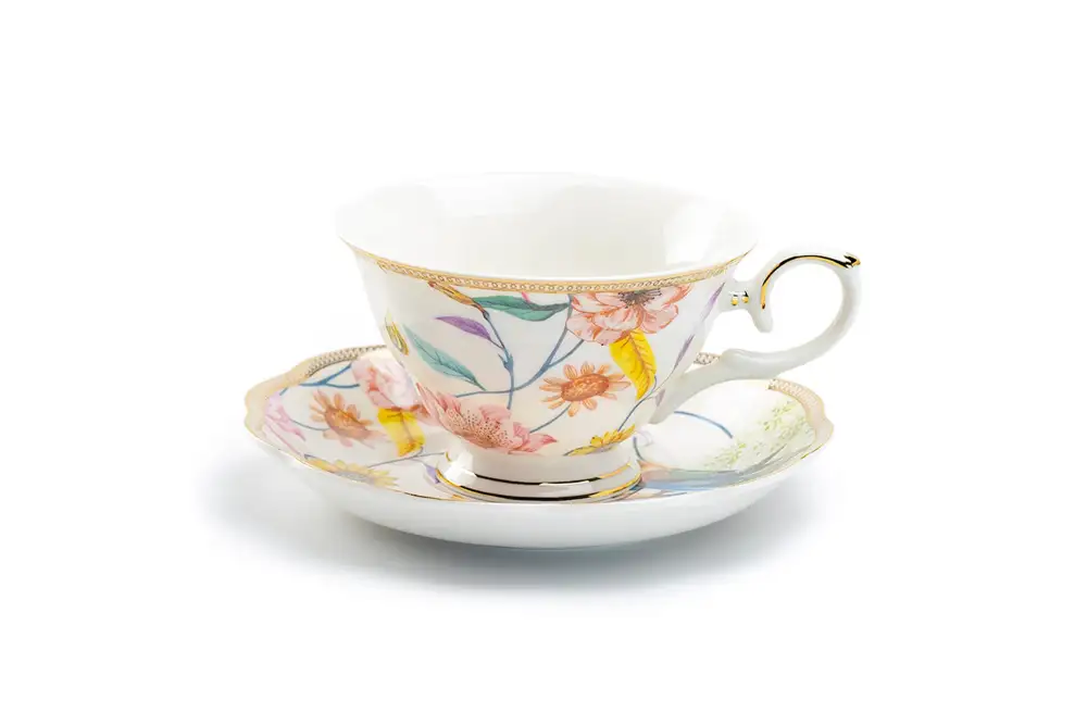 Spring Flowers Hummingbird Fluted Porcelain Tea Cup And Saucer