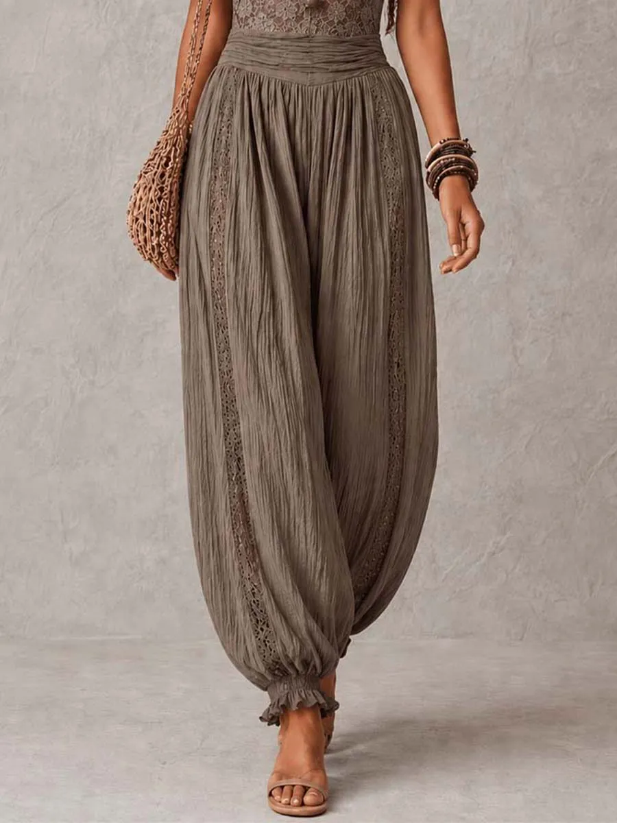 Bohemian Taupe Lace Bustier And Crinkle Cotton Harem Pants Set