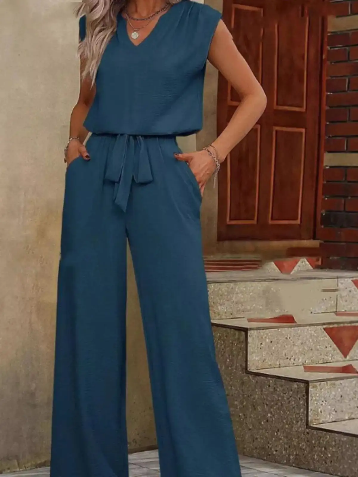 Refined V-Neck Wide-Leg Pants Matching Set