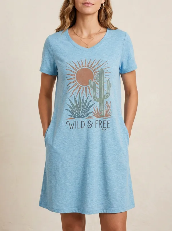 Desert Boho Wild And Free Cactus Sun T-Shirt Dress