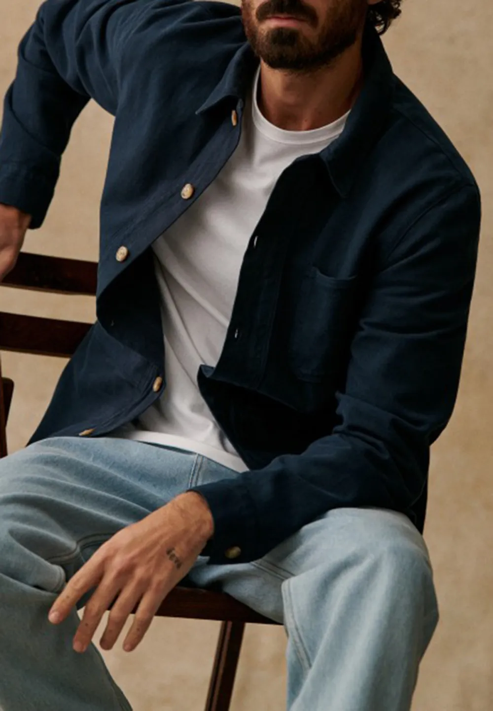 Navy Blue Cotton Button Front Chore Jacket