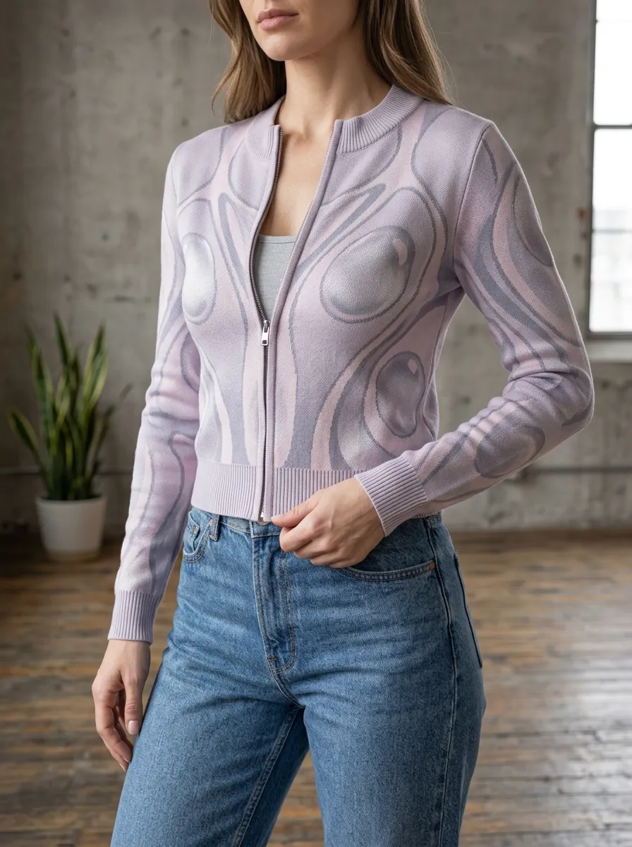 Women's Abstract Swirl Pattern Printed Zip-up Ribbed Trim Relaxed Layering Cardigan