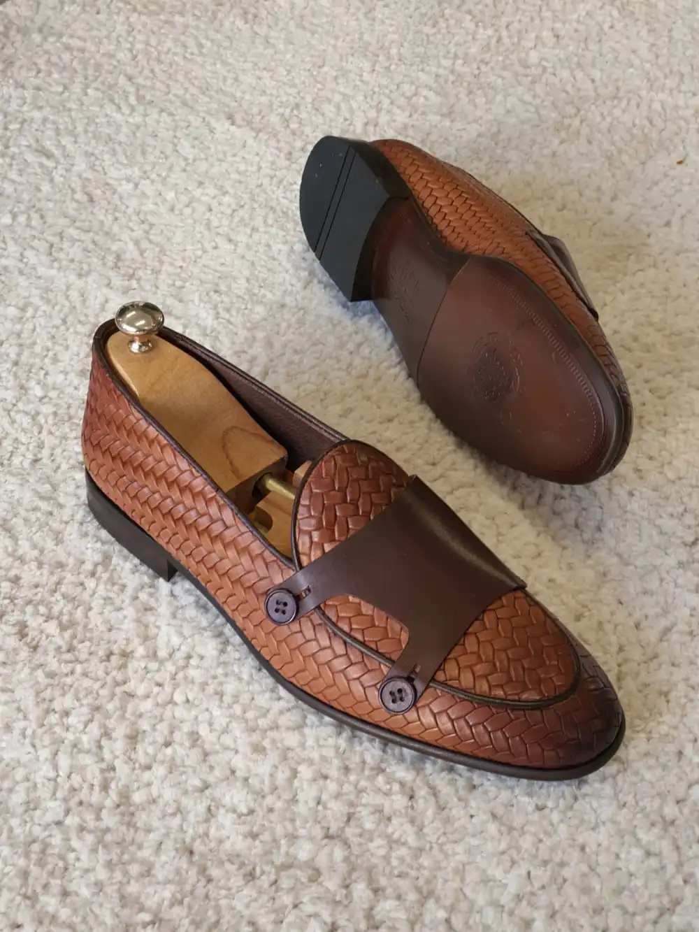 Woven Leather Double Monk Strap Loafers