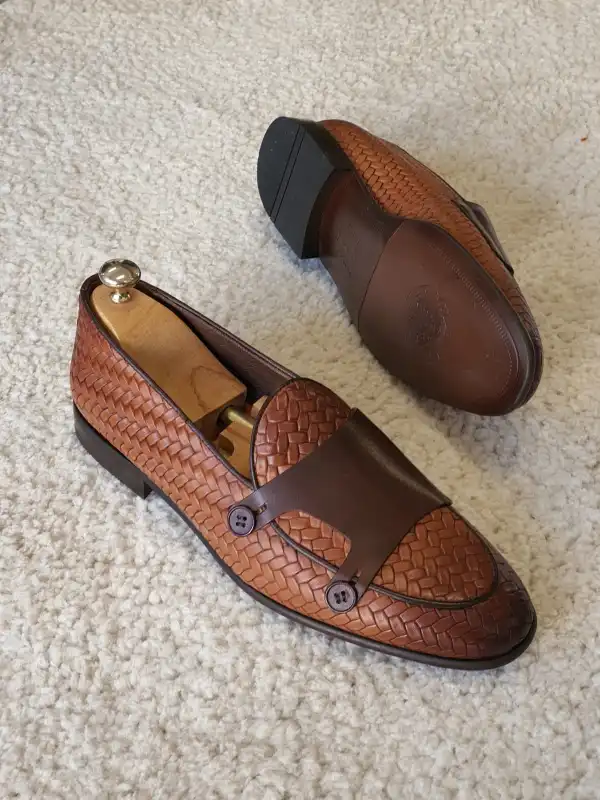 Woven Leather Double Monk Strap Loafers