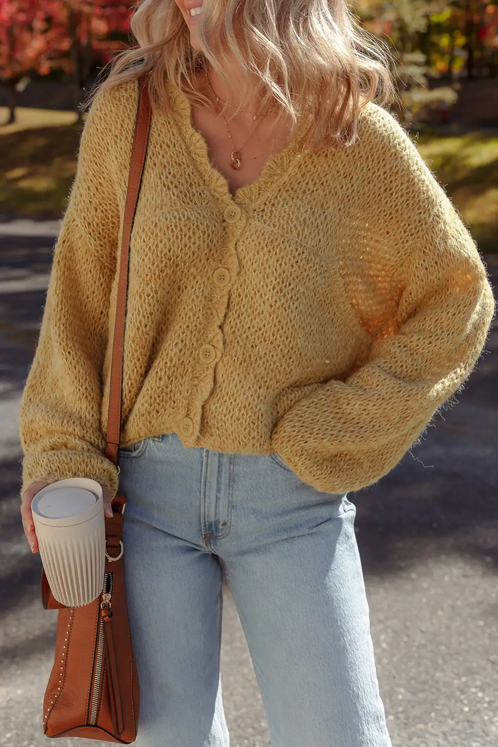 Lantern Sleeve Scallop V Neck Button Front Cardigan