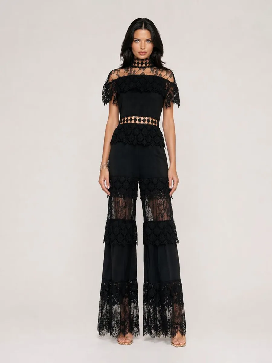 Ivana Elegant High-Neck Ruffled Short-Sleeved Lace Set
