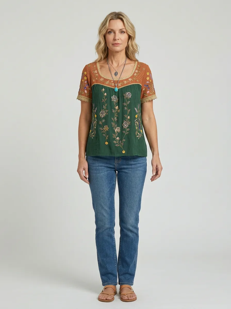 Women's Boho Floral Embroidered Vintage Printed T-shirt