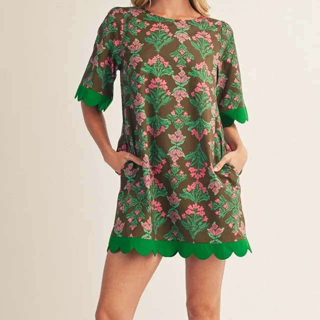Floral Short Sleeve Baroque Detail Shift Dress