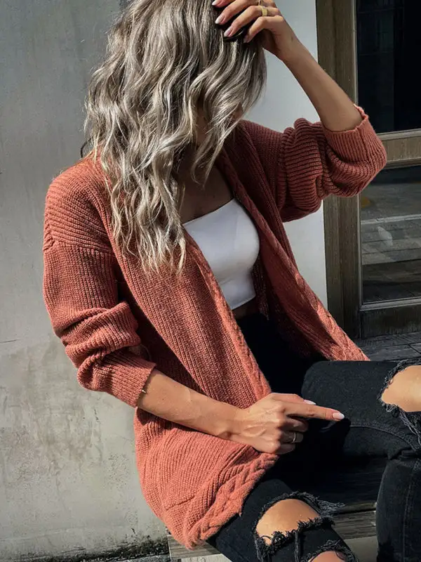 Round-Neck Long-Sleeve Drop-Shoulder Relaxed Cardigan