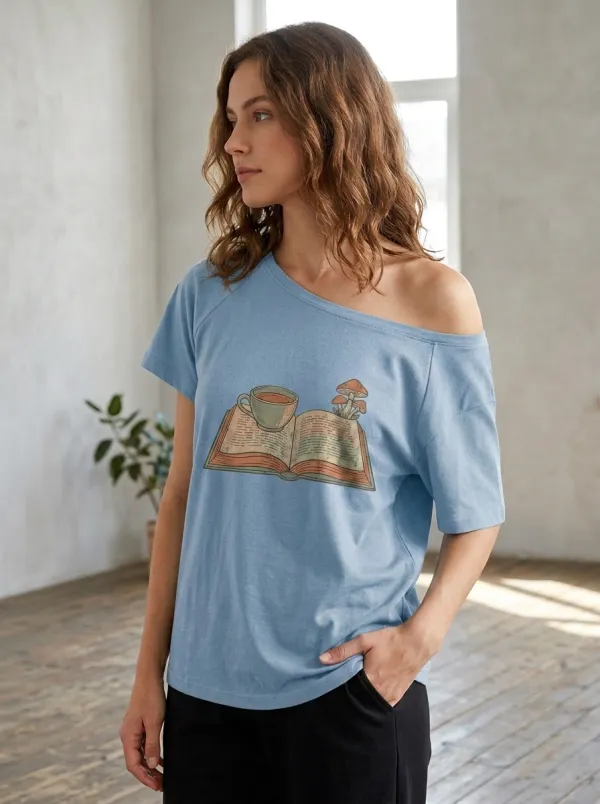 Women's Book Lover Coffee Mushroom Printed Off-Shoulder Top