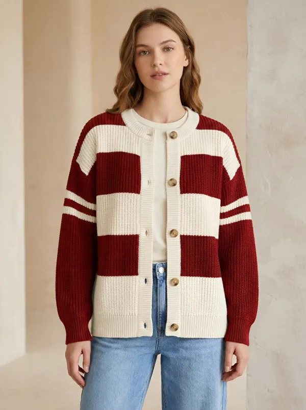 Field Inspired Distinctive Rugby Striped Knit Cardigan