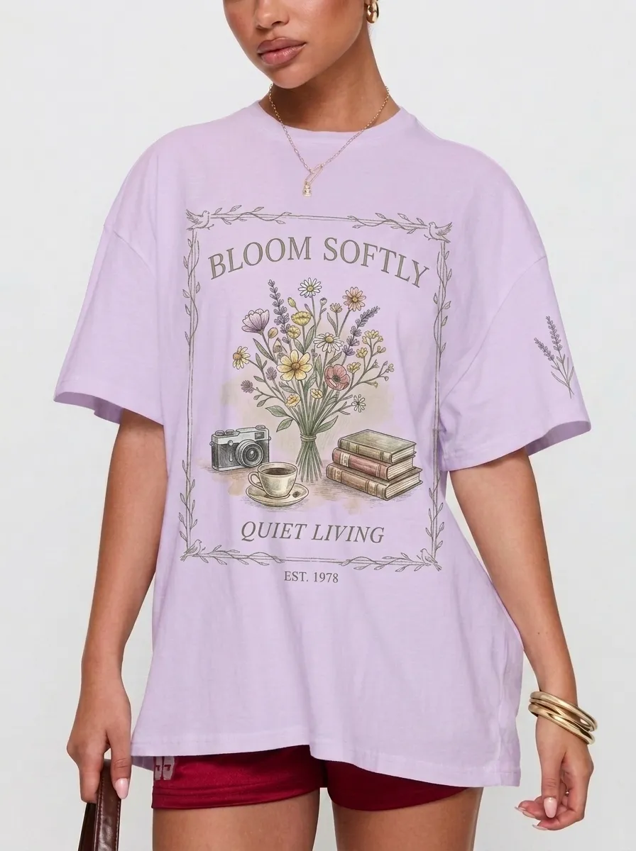 Women's Aesthetic Floral Camera Book Coffee Printed T-shirt