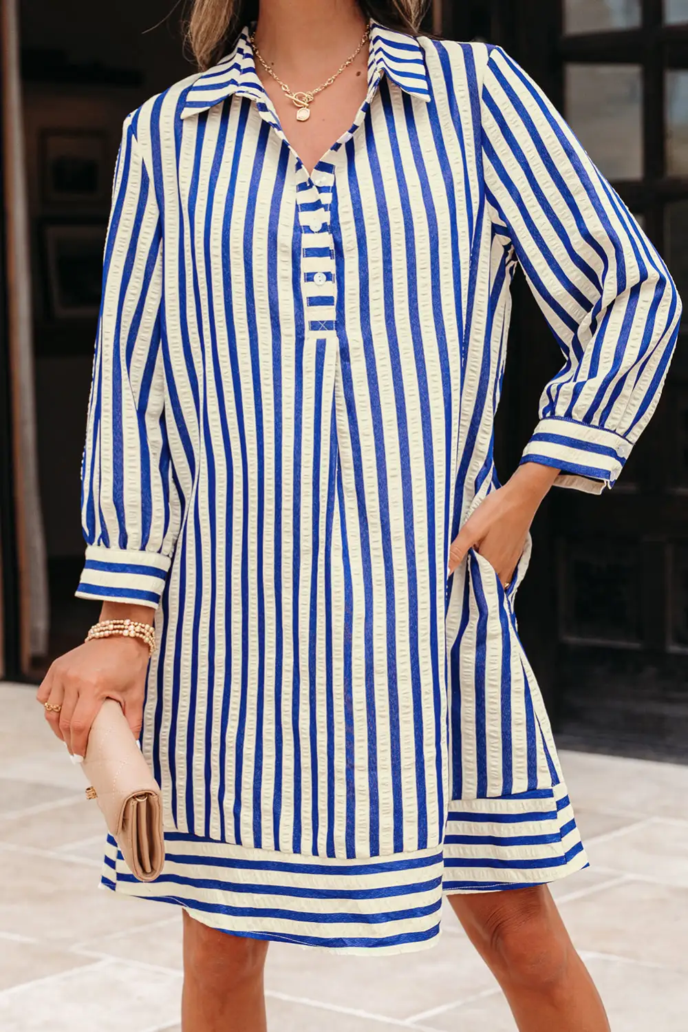 Striped Half Button Pocketed Mini Dress