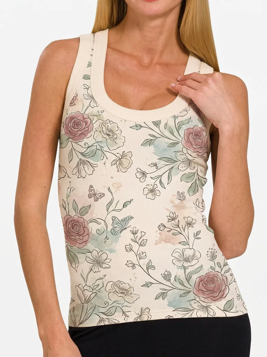 Women's Floral Butterfly Botanical Printed Ribbed Tank Top