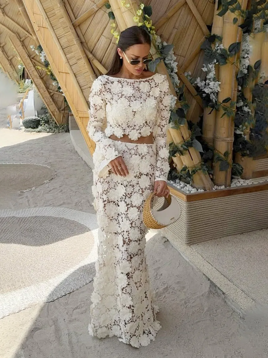 Ilaria Cream Lace Maxi Skirt Set
