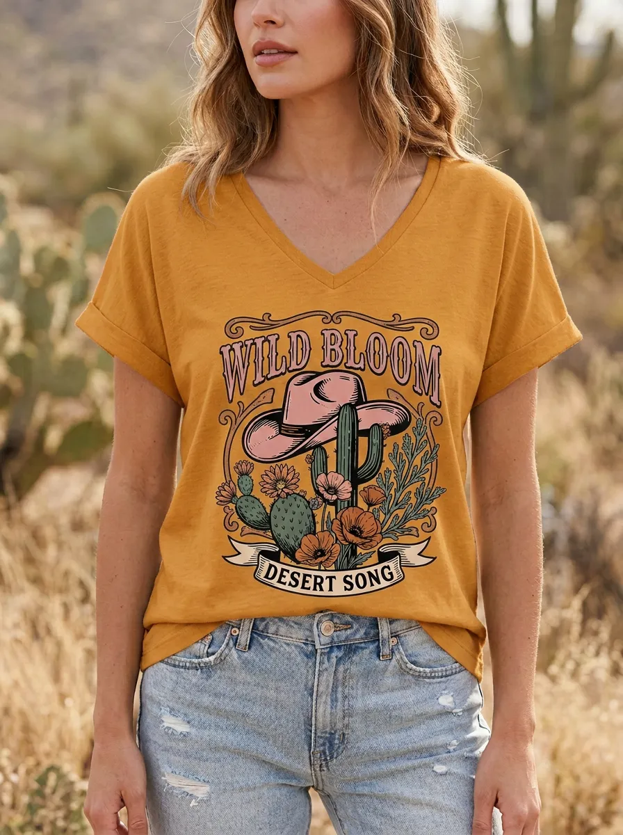 Cactus Cowboy Wild-Bloom Western V-Neck T-Shirt