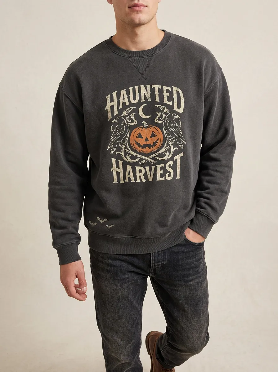 Men's Halloween Haunted Harvest Pumpkin Raven Sweatshirt