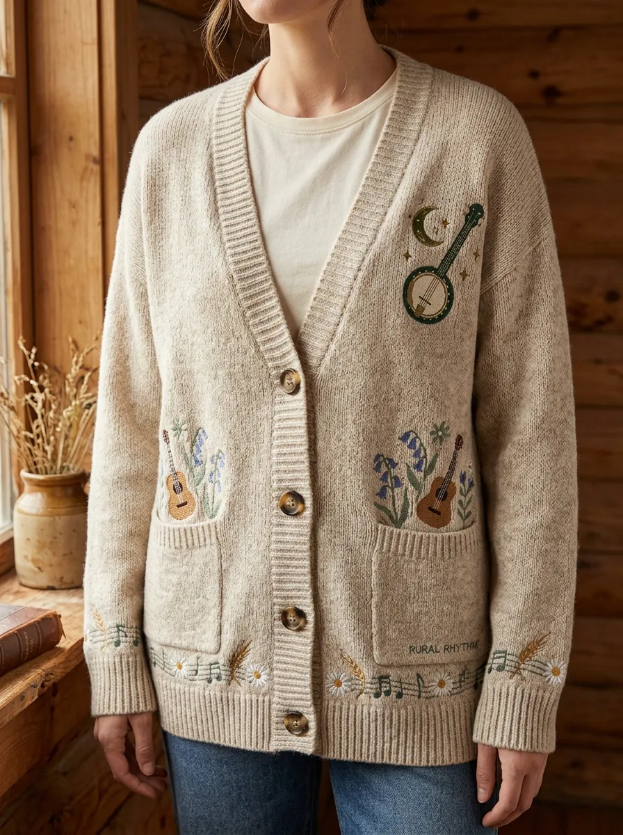Guitar Banjo Floral Women's Country Music Casual Cardigan