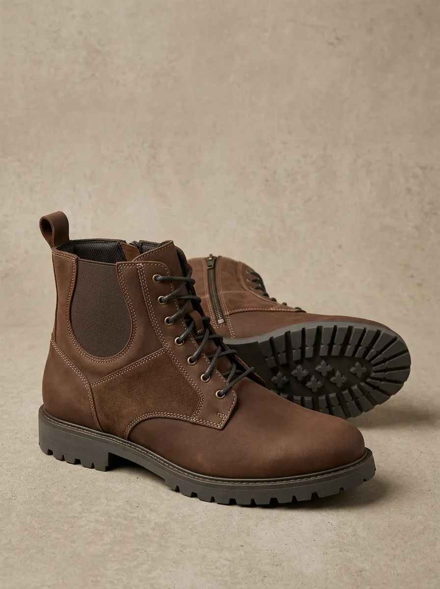 Unisex Suede Leather Lace-Up Side-Zip Work Boots