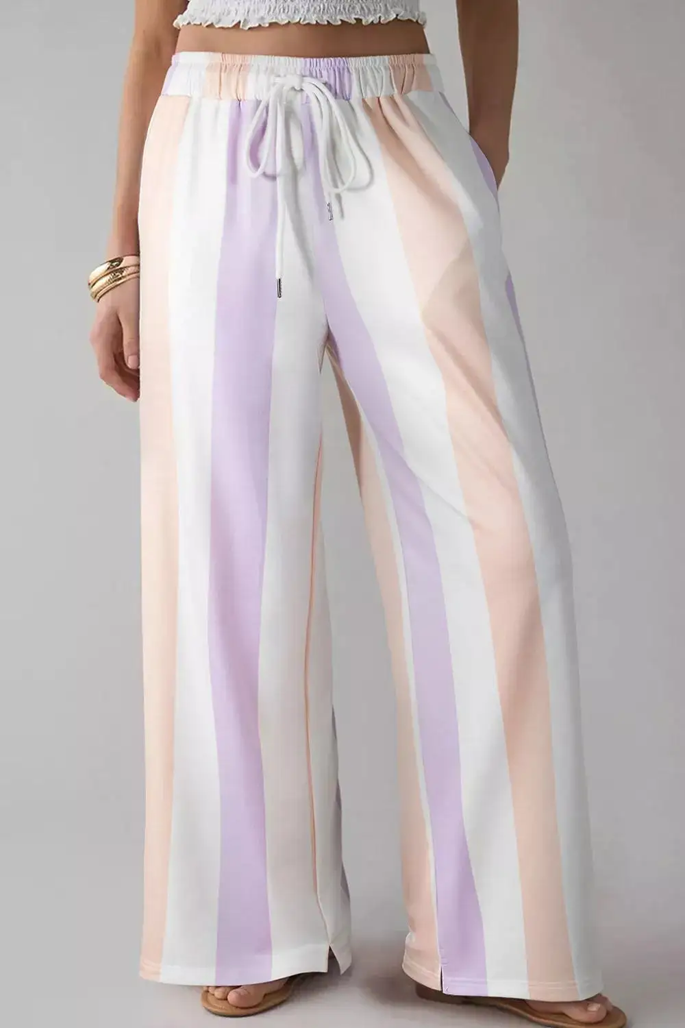 Stripe Multicolored Print Drawstring Loose Pants With Side Pocket