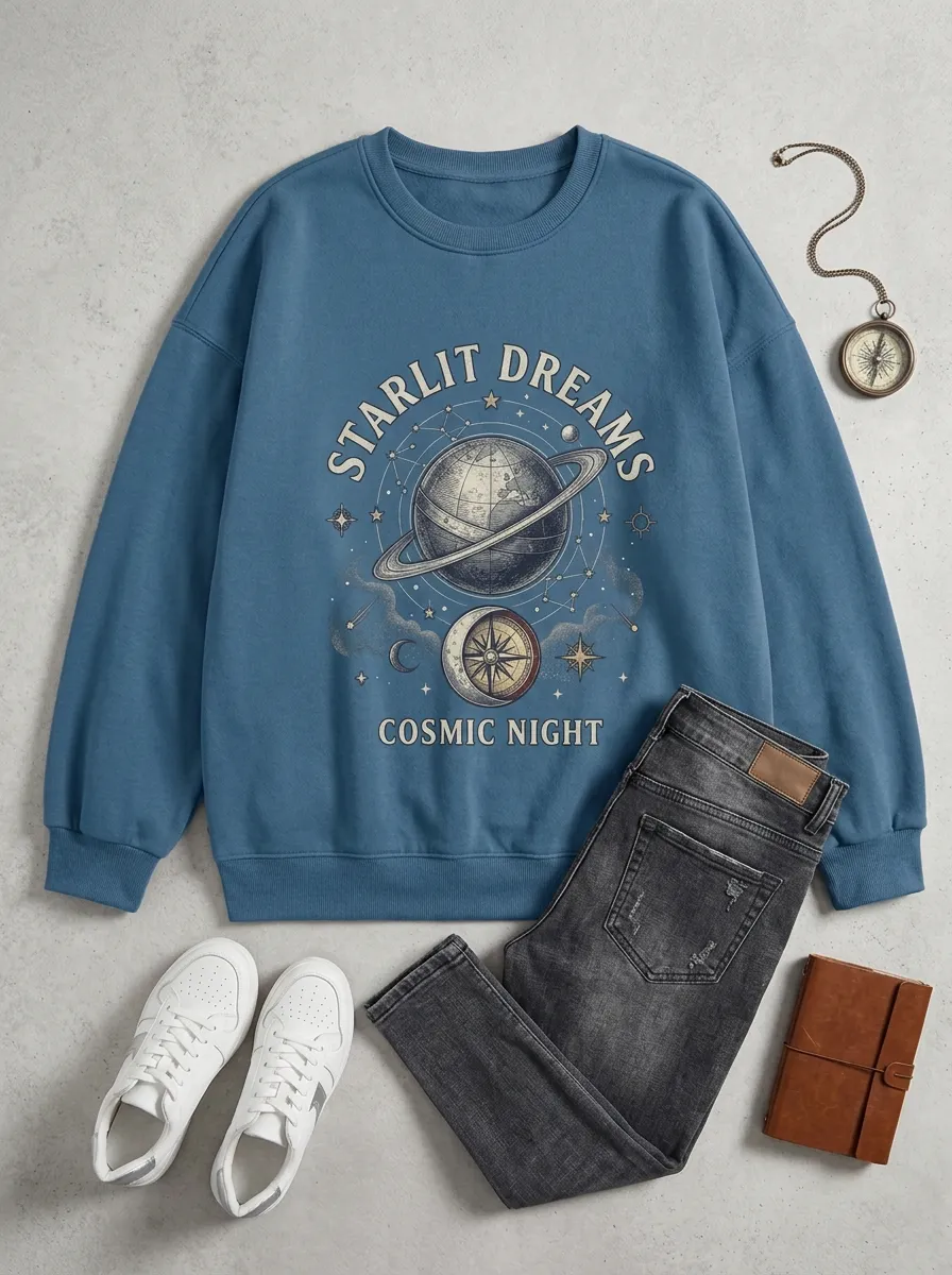 Women's Space Lover Starlit Dreams Planet Compass Printed T-shirt