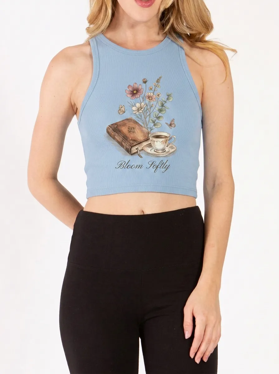 Women's Book Lover Coffee Floral Bloom Softly Printed Crop Top