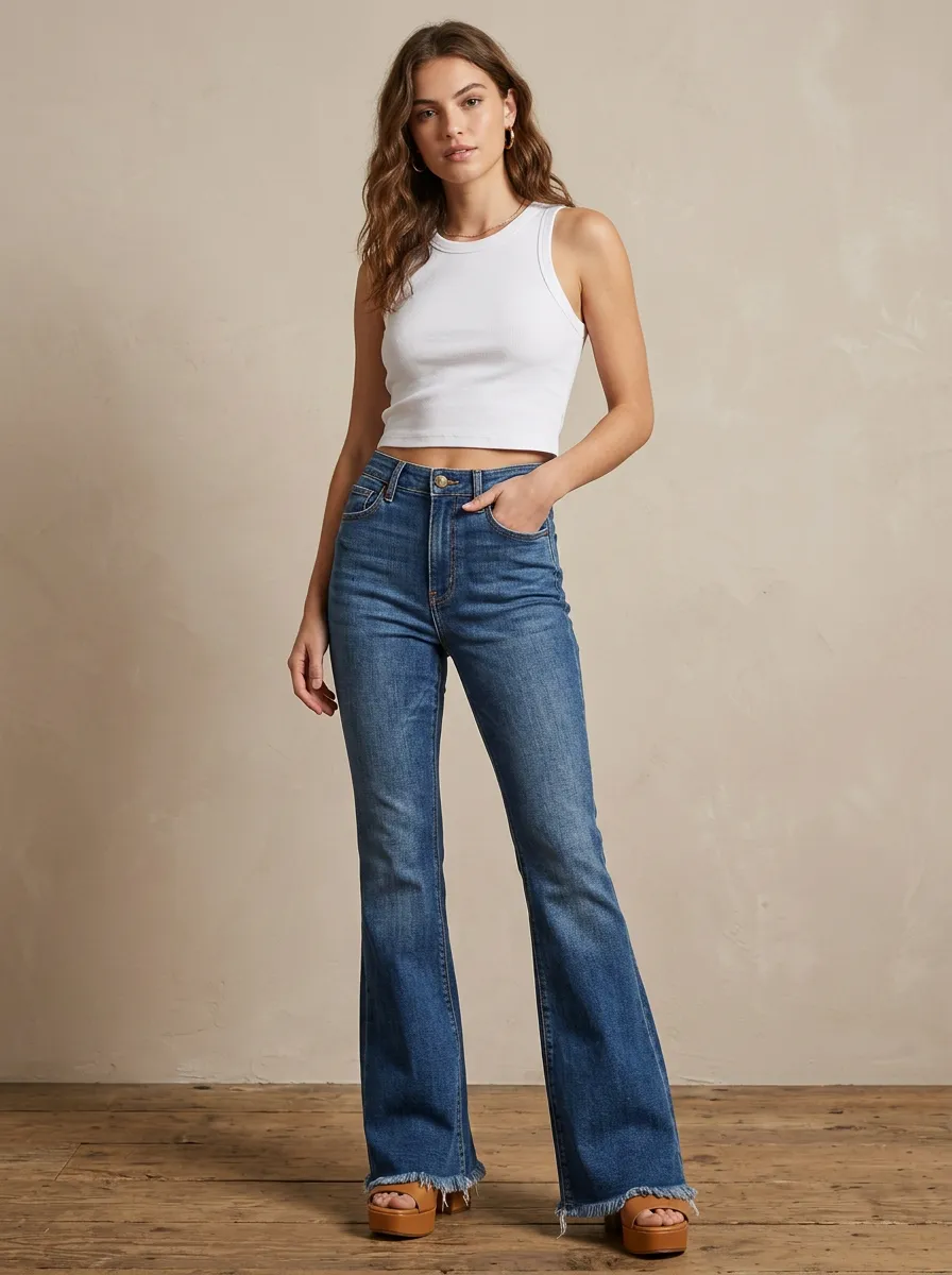 Women's Modern High-Waisted Raw Hem Flared Denim Flare Jeans