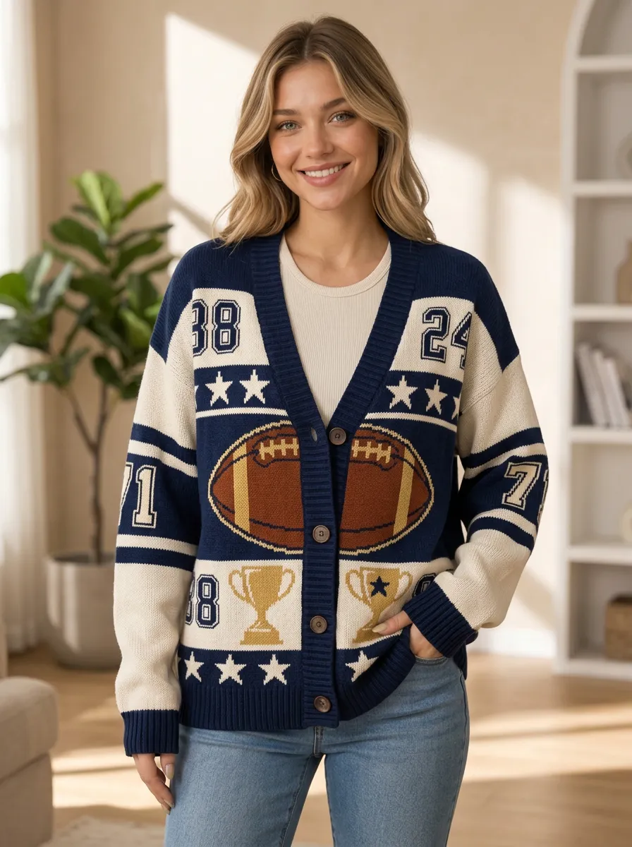 Women's Heritage Inspired Gridiron Trophy Star Ball Knit Cardigan