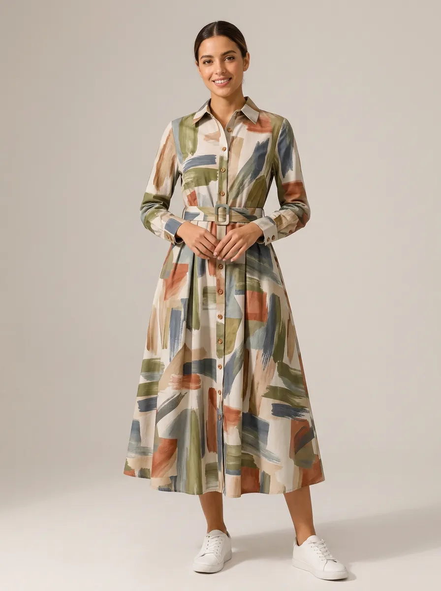 Women's Abstract Art Brushstroke Printed Belted Shirt Dress