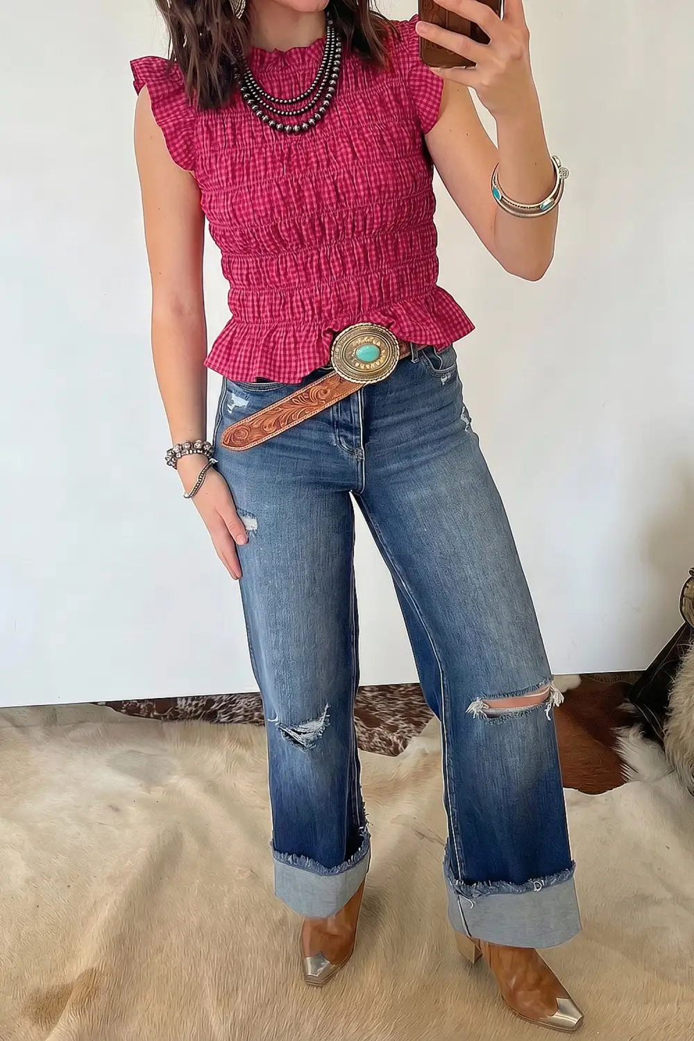 Plaid Shirred Ruffle Trim Tank Top