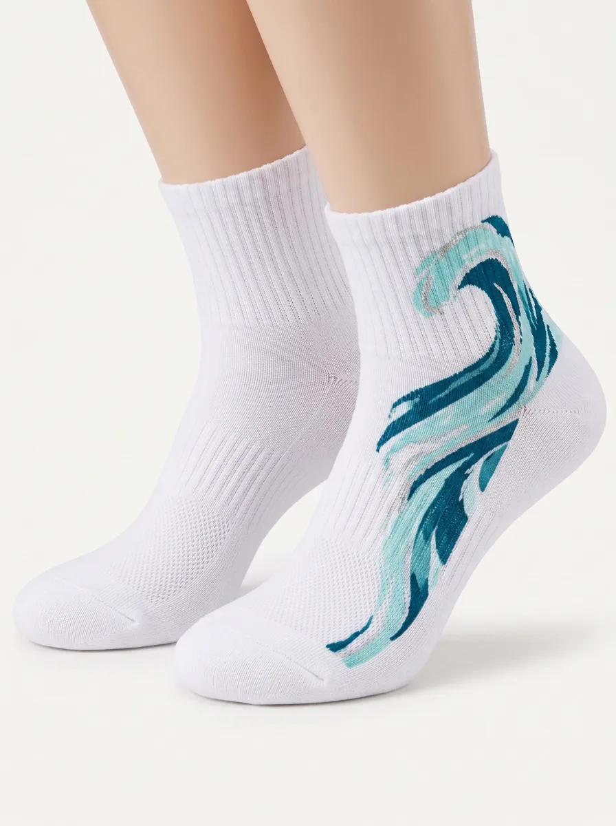 White Ocean Wave Graphic Athletic Ankle Socks