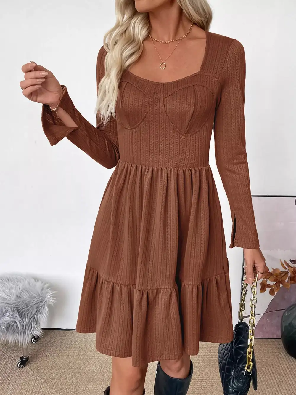 Elegant Ruffle Long Sleeve Casual Dress