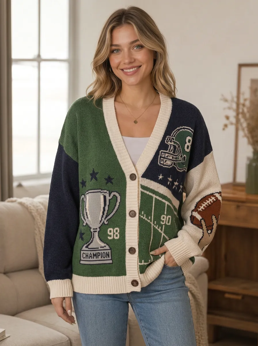 Women's American Football Fan Champion Trophy Helmet Printed Cardigan