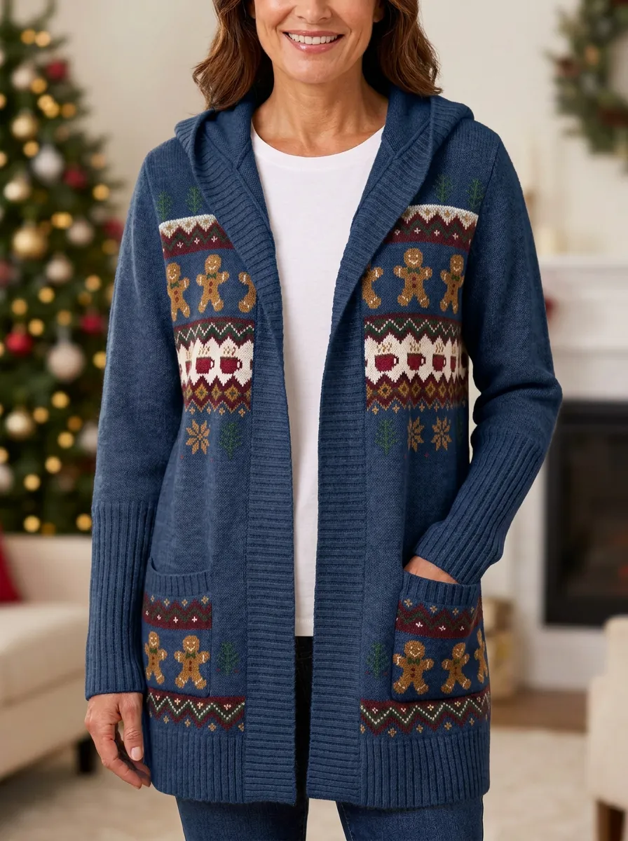 Christmas Gingerbread Man Fair Isle Pattern Print Hooded Cardigan