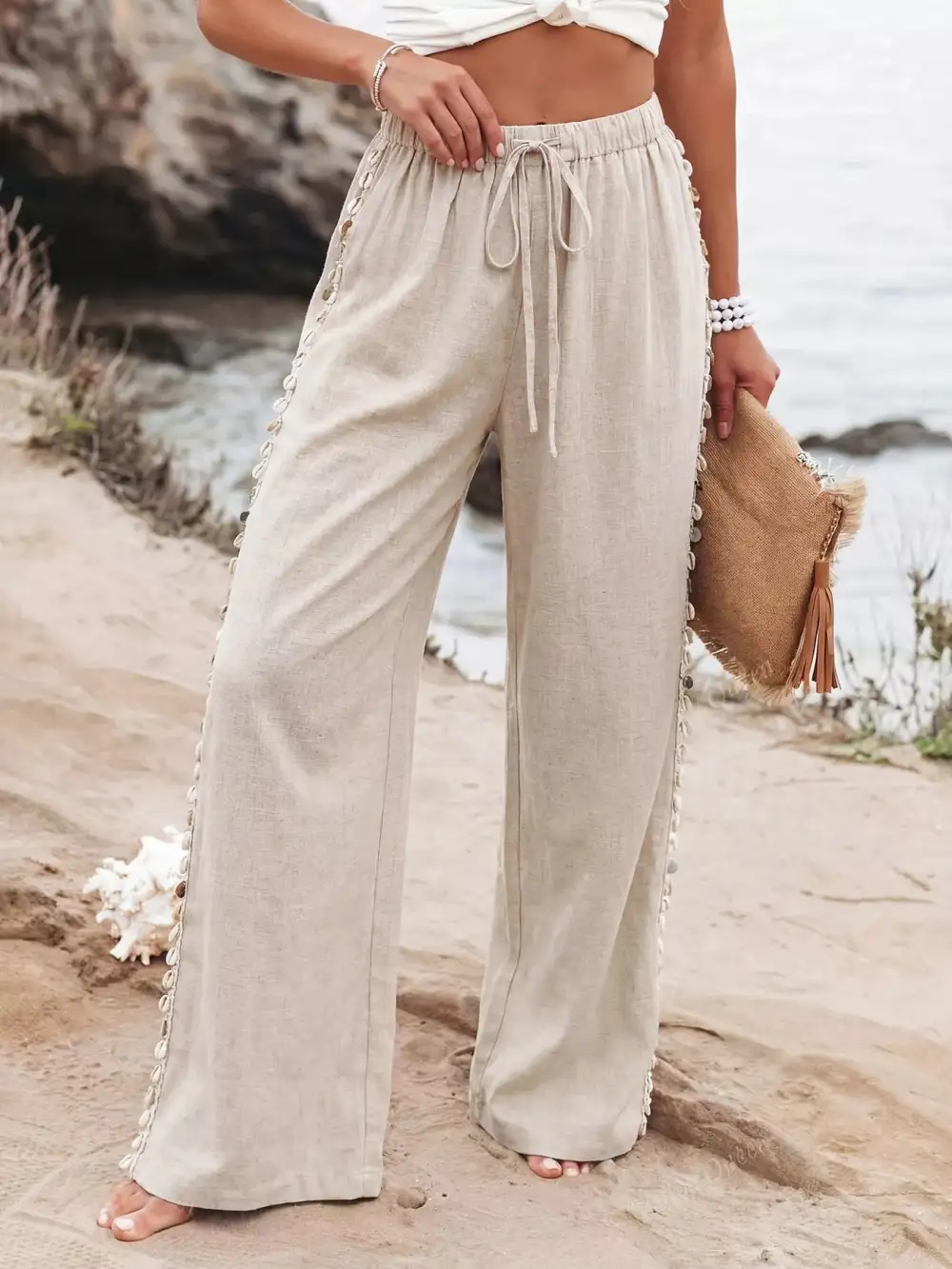 Linen Blend Wide Leg Drawstring Pants